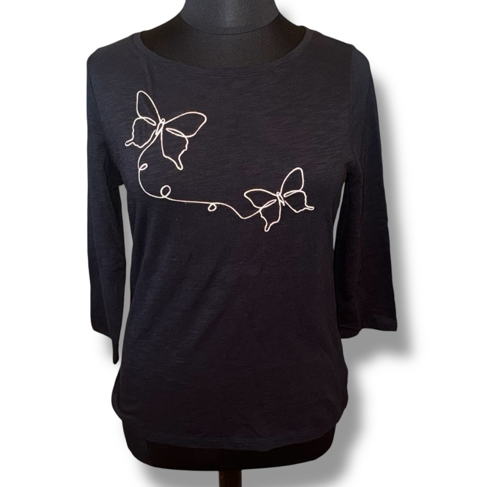 TALBOTS BUTTERFLY EMBELLISHED TEE - Black Large